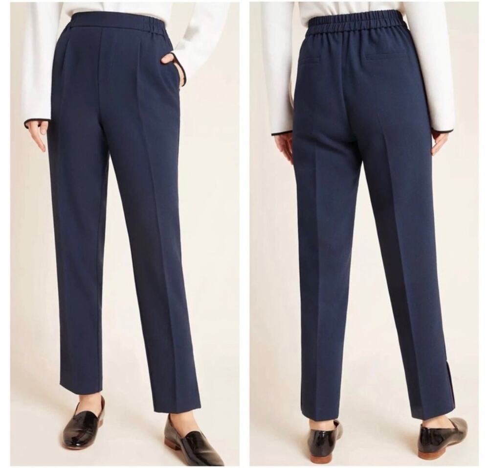 Anthropologie Pants Womens XS Navy Blue Copley Pull On Pleated Ankle Stripe